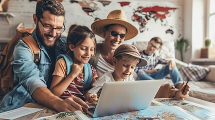 Happy people planning holiday trip Family getting ready for travel vacation using laptop computer to monitor prices pick airline buy tickets purchase flight look for rentals or book.