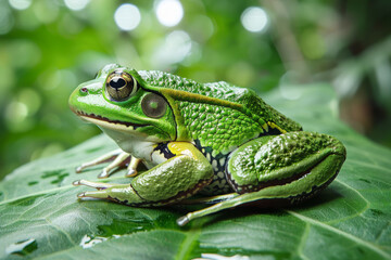 Fototapeta premium Green Frog Resting on a Green Leaf in a Natural Setting
