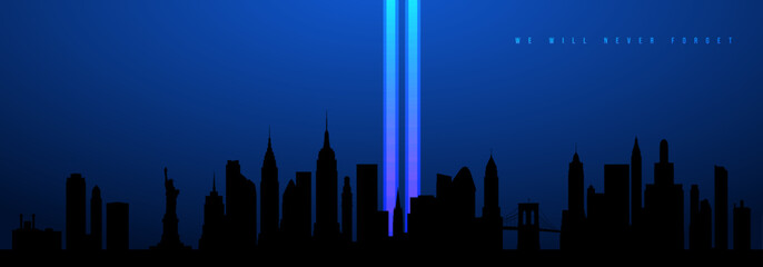 Silhouette of NYC skyline with Twin Towers light tribute