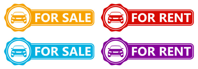 set vector car sales signs icon labels. automobile for sale and rent sign. dealership symbol design template vector illustration 