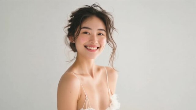 shot of an Asian girl with curly hair in white camisole pajamas, highlighting her bright eyes and genuine smile against the clean white background.