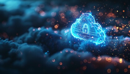 Obraz premium Dynamic Digital Cloud With Lock Symbol Shimmering Amidst Glowing Particles in Dark Atmosphere