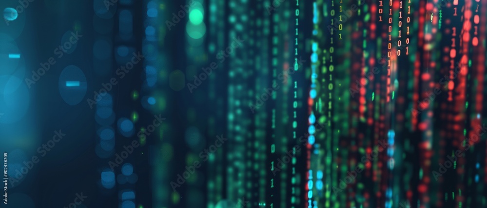 Poster colorful binary code stream flowing in digital space with abstract lights