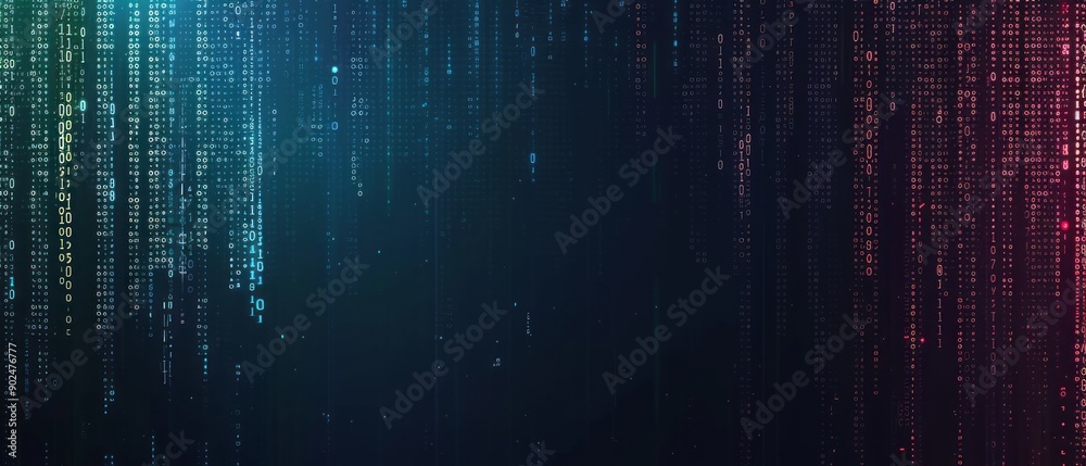 Poster colorful streams of binary data flowing in a digital environment at nighttime