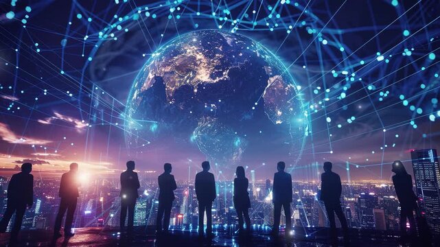 Business background. Business teams working together on global networks and connectivity. Digital world with glowing hologram earths in the city. International business communication with digital tech