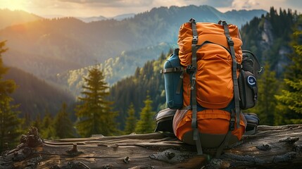 Travel backpack on a forest log against the backdrop of a mountain landscape. The concept of hiking and traveling in spring. copy space for text.