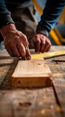 A man is using a tape measure to measure a piece of wood. Concept of precision and attention to detail, as the man carefully measures the wood to ensure accuracy in his work