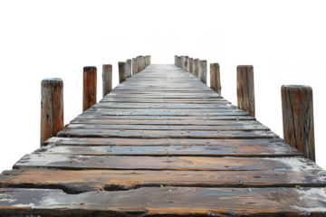 A weathered wooden pier extends into the unknown, beckoning with a sense of mystery and the promise of adventure. The perspective emphasizes the path forward