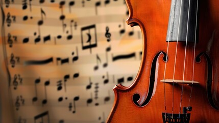 Fototapeta premium Elegant Violin with Musical Notes in the Background. Classical Music and Artistic Expression.