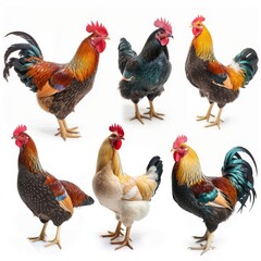 Fototapeta premium Color hens, different hens and roosters set isolated, chickens on white background