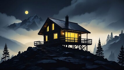 a small cabin on the top of mountain on cloudy night.