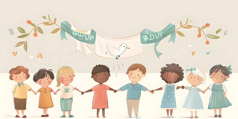 Diverse Children Holding Hands with a Peace Dove Banner Celebrating Unity and Friendship
