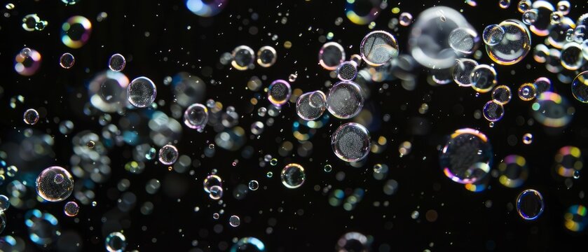 Overlay of bubble particles, on black background, Generative AI