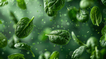 Flying Spinach Leaves on Fresh Green Background