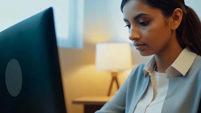 Indian woman work laptop home. Girl type keyboard close up. Key board typing closeup. Successful freelancer. Female student look computer screen closeup. Search internet, online education concept.