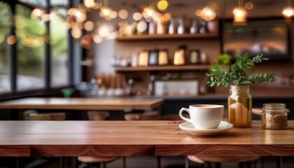 Empty wooden table surface with blurred background in coffee shop. product display. Generated image