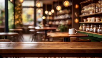 Fototapeta premium Empty wooden table surface with blurred background in coffee shop. product display. Generated image