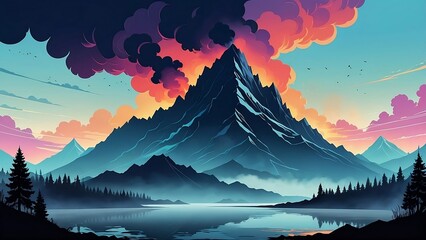 In a fantasy world there is a large mountain erupting on the mother river, thick smoke is pouring out of it.