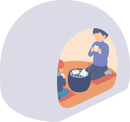 かまくらでお餅を食べる子供たちのアイソメイラスト