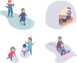 冬の雪遊びのアイソメイラストセット