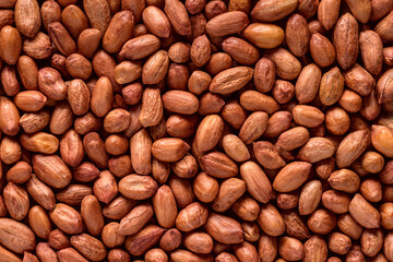 Raw brown peanuts are spread out on a textured surface or background.