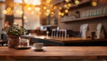 Empty wooden table surface with blurred background in coffee shop. product display. Generated image