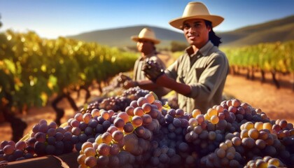 grape harvest in a vineyard. men pick grapes on a sunny day. Generated image