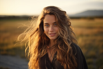 Fototapeta premium Portrait of calm happy smiling free woman with closed eyes