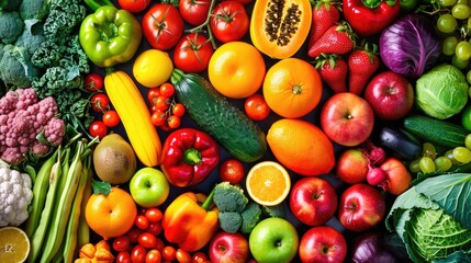Assortment of fresh organic fruits and vegetables in rainbow colors