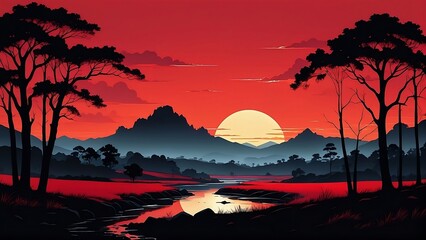 illustration silhouette sunset over the river