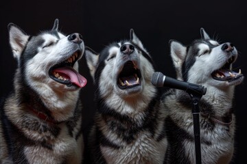 Obraz premium Singing Dogs, Disco of 80s, Concert of 90s, Karaoke with Huskies with microphones, Funny Dog Disco
