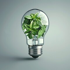 Fresh Green Leaves Inside of Light Bulb, Saving Energy, Eco-Friendly Lifestyle, Copy Space