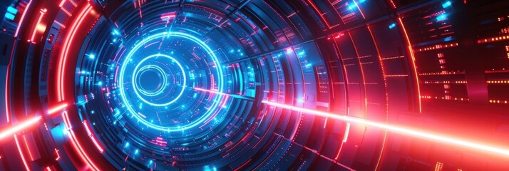 Obraz premium Sci Fi Illustration. Futuristic Glowing Neon Round Portal on Abstract Metal Background