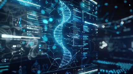 Futuristic DNA Medical Screen Hologram for Science and Health Research – Digital 3D Technology Interface with Infographic and Data Analysis