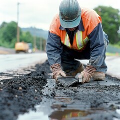 A man in a hard hat and orange vest is working on a road. He is using a shovel to spread asphalt