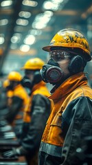 Naklejka premium Factory Workers in Protective Gear Operating Heavy Machinery for Industrial Safety Concept