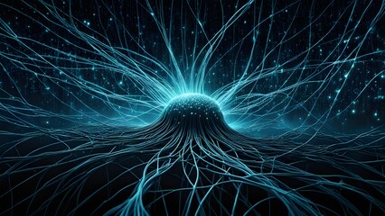 A blue and white image of a brain with many lines and dots