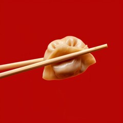 Close-up of a dumpling held by chopsticks on a red background. The minimalistic style highlights the food's texture. Ideal for culinary content and food photography. AI