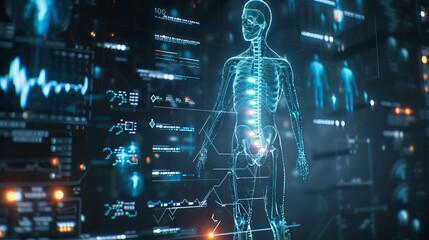 Futuristic DNA Medical Screen Hologram for Science and Health Research – Digital 3D Technology Interface with Infographic and Data Analysis
