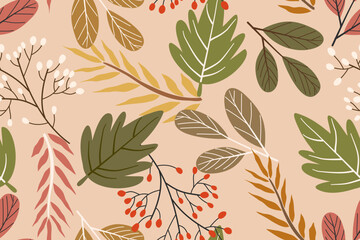 Seamless pattern design with autumn flowers and leaves. floral and leaf patterns design for fabric, cotton, wallpaper, satin, gift wrap, carpet, backgrounds.	