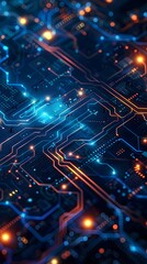 Intricate Digital Circuit Board with Glowing Blue Lines and Nodes Futuristic Cyber Background Concept