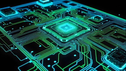 A computer chip with green and blue lines