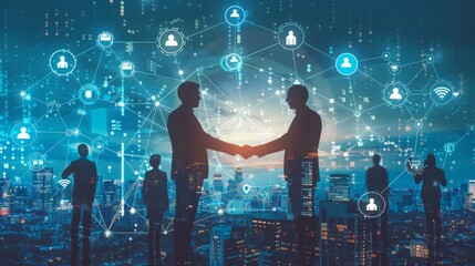 Businessmen handshake on the background of digital technology, people and social network icons with connection concept. Silhouette style.