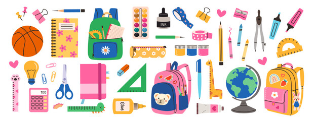 Big cartoon set of school supplies isolated on a white background