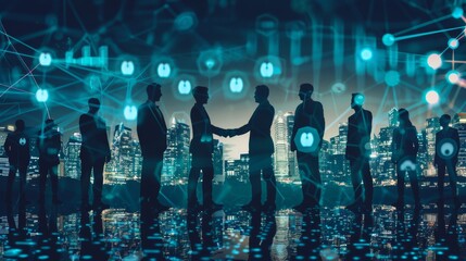 Businessmen handshake on the background of digital technology, people and social network icons with connection concept. Silhouette style.