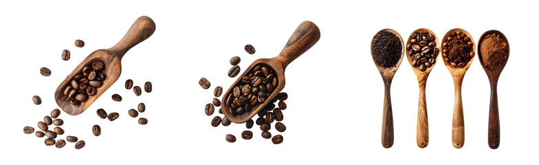 Obraz premium Coffee beans and grounds in wooden spoons on transparent background