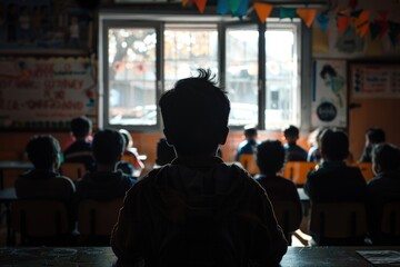 Fototapeta premium A boy is sitting in a classroom with other students. The boy is wearing a hoodie and is looking out the window. The classroom is empty, and the boy is the only one in the room