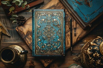 A book sits on a wooden table next to a cup of coffee