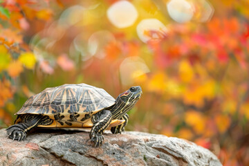 Obraz premium Turtle on a Rock with Autumnal Background