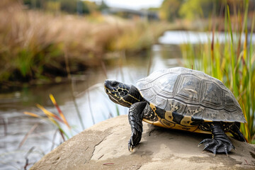 Turtle basking on a rock by the water